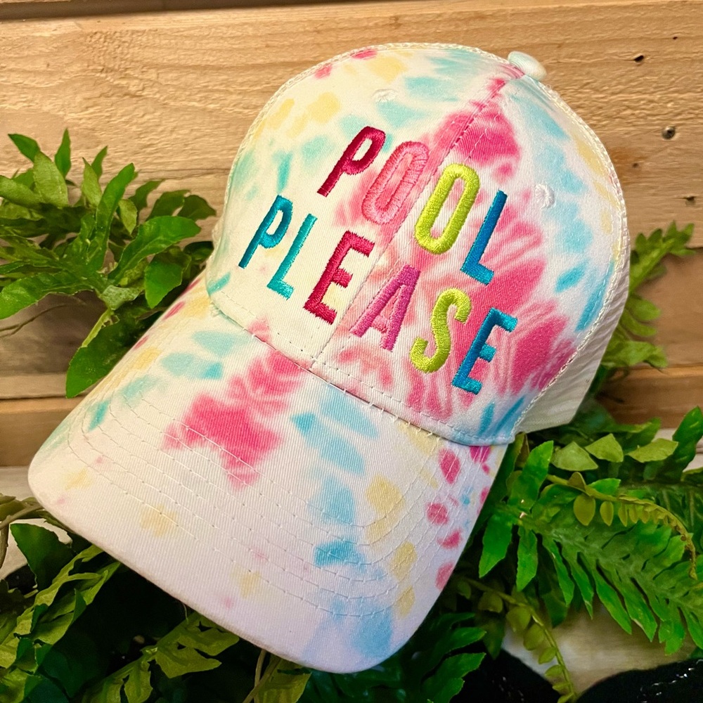 Pool hat. Pool please. Tie dye. Unisex embroidered trucker cap.